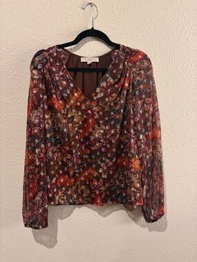 LOFT Sheer Floral V-Neck Blouse in Brown Multi